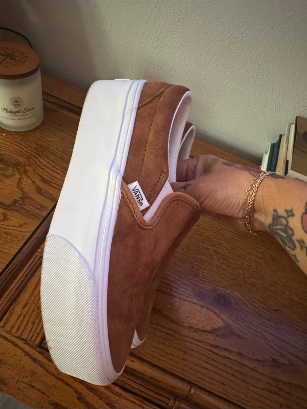 Vans Slip-On Sneakers in Brown Suede with White Trim - Picture 2 of 4